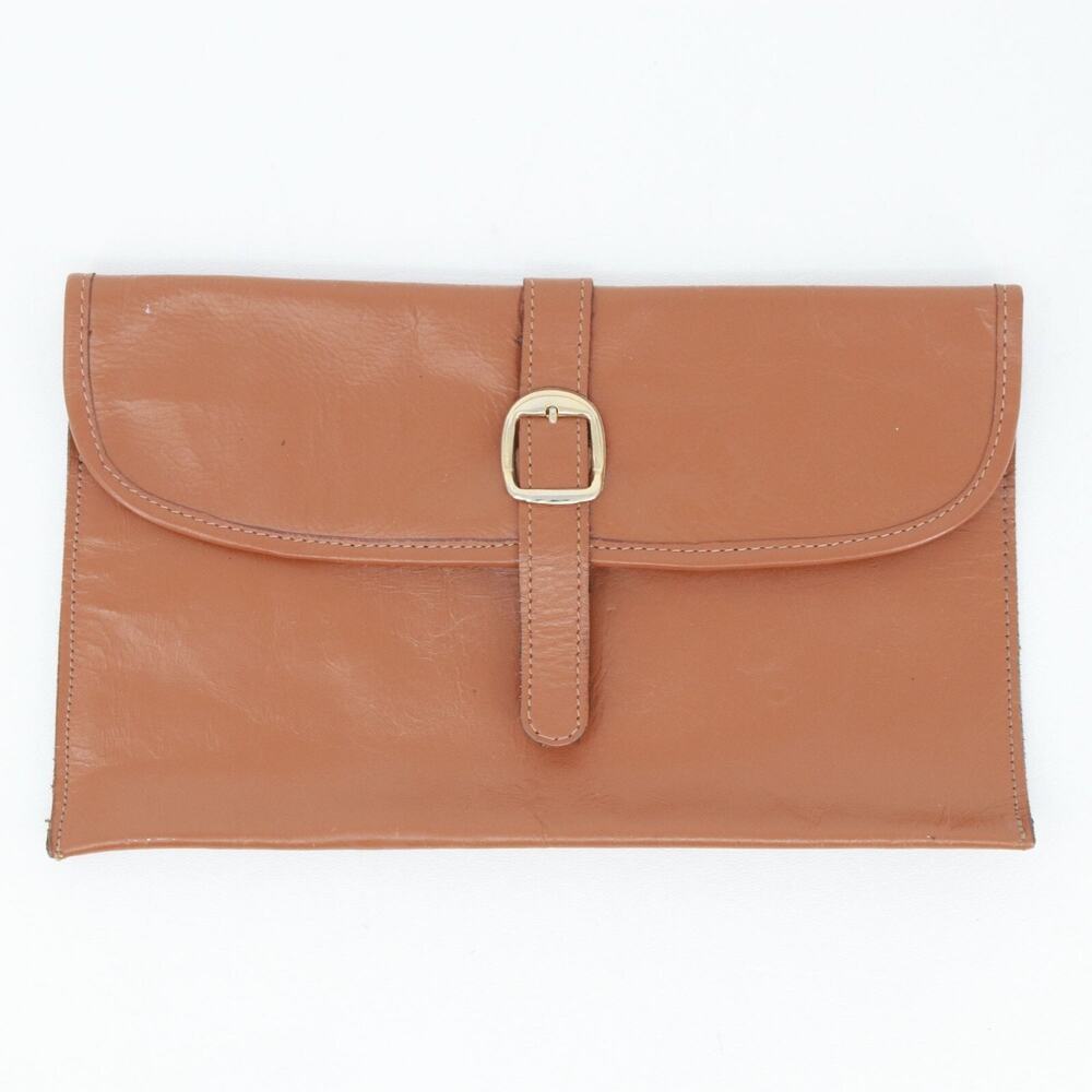 Vintage Rustic Clutch Handbag Women Brown Leather Envelope Snap Flap Unlined Buc